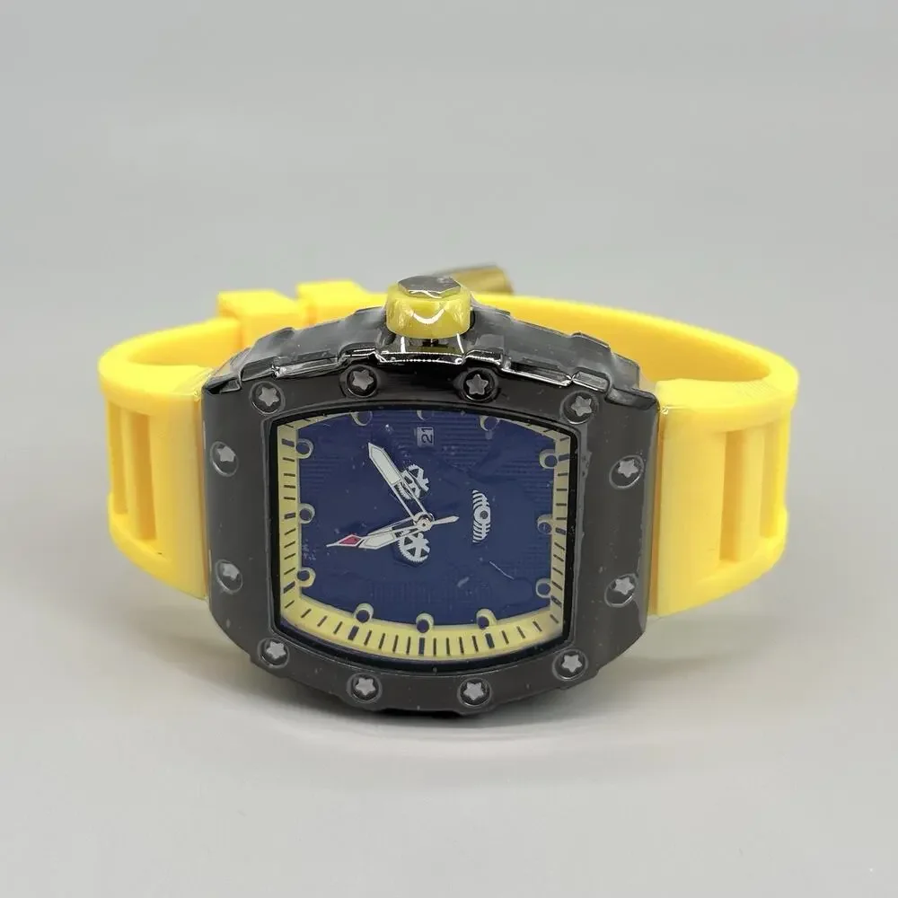 Mens Black Tonneau Watch Yellow Silicone Strap Quartz Sport Fashion Yellow Accen